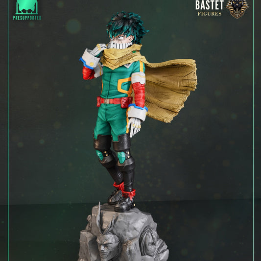 Deku Midoriya figure – 1:8 scale My Hero Academia collectible standing on a rocky base with sculpted faces and flowing cape.