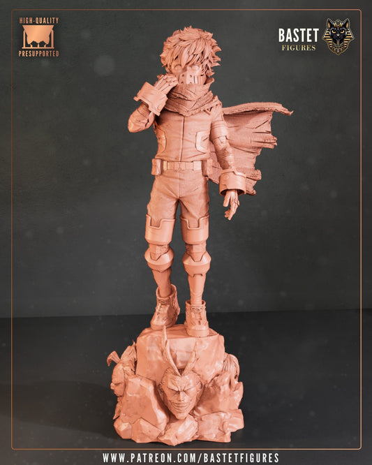 Deku Midoriya front clay render – 1:8 scale prototype showing full figure pose with raised hand and cape.