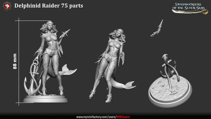 75mm Delphinid raider miniature parts showing female dolphin-folk pirate with shell dagger, anchor base, finned tail, modular arms, dynamic sea-born skirmisher character