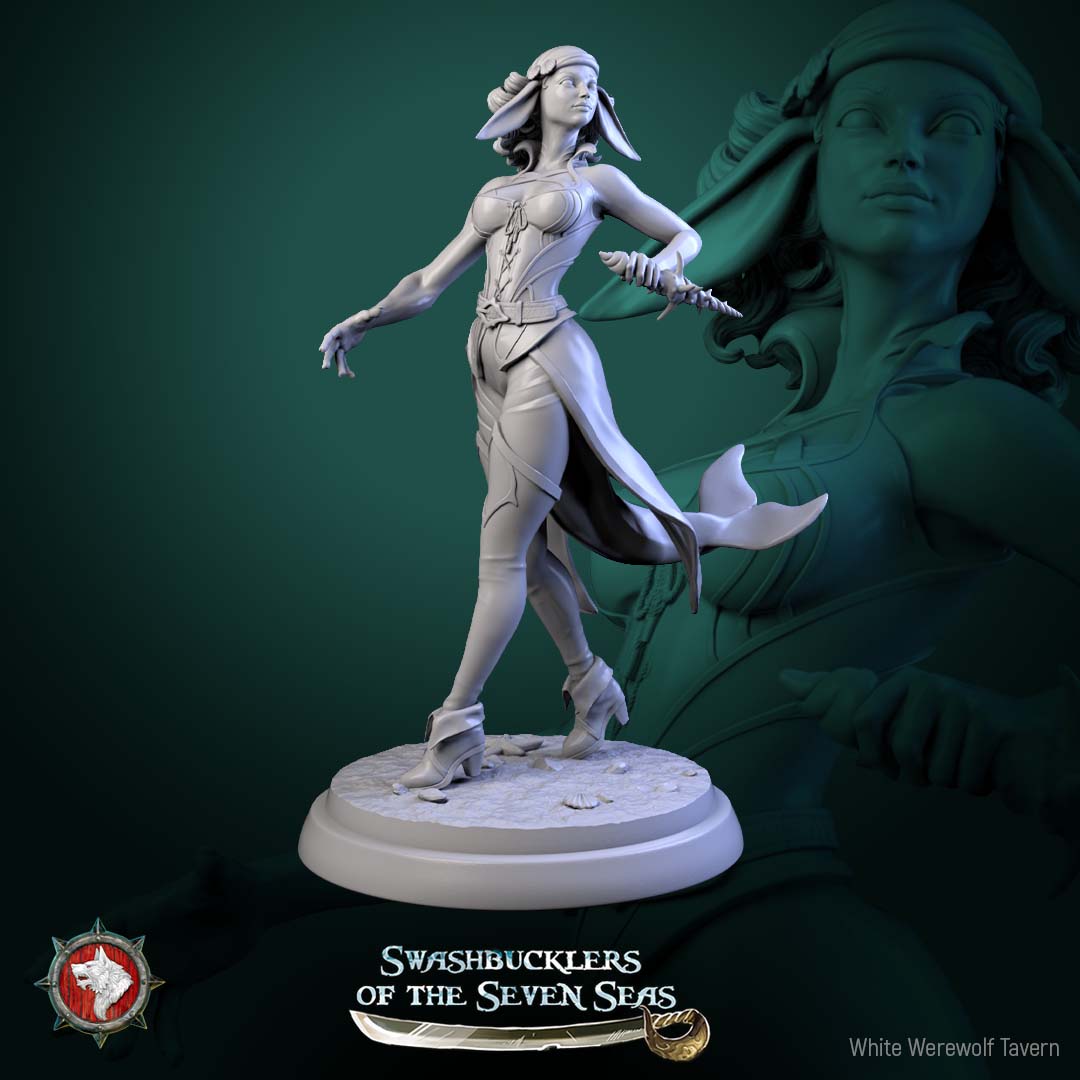 Delphinid raider miniature featuring dolphin-folk pirate standing poised with shell blade, balanced stance, finned legs, light armor, coastal raider character