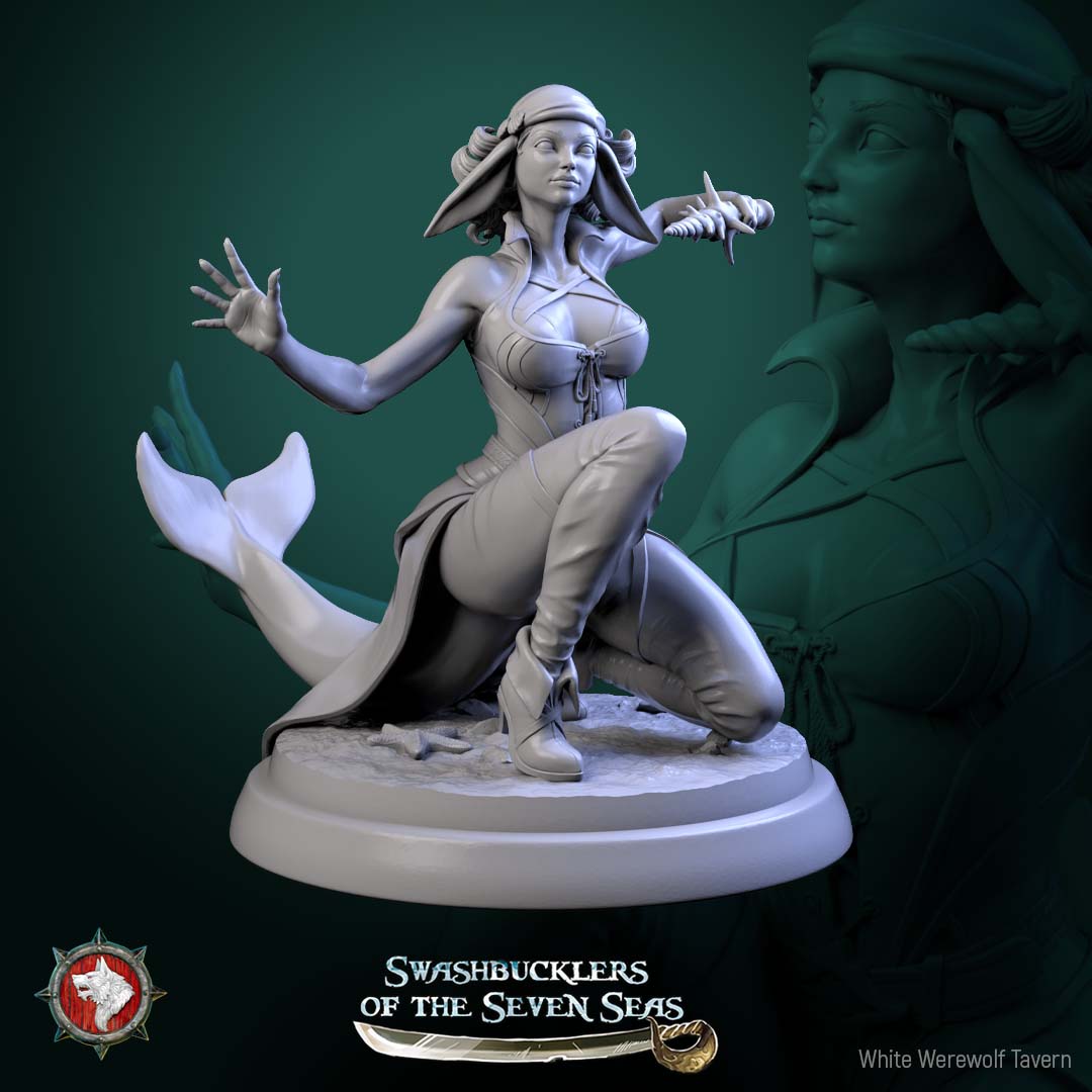 Delphinid raider miniature showing crouched aquatic pirate with open hand and shell weapon, low ambush pose, finned limbs, fantasy sea skirmisher