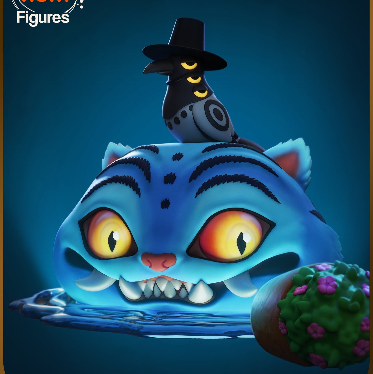 Chibi Derpy Cat figurine with Sussie crow perched on head, snarling fangs, and side pastry accessory