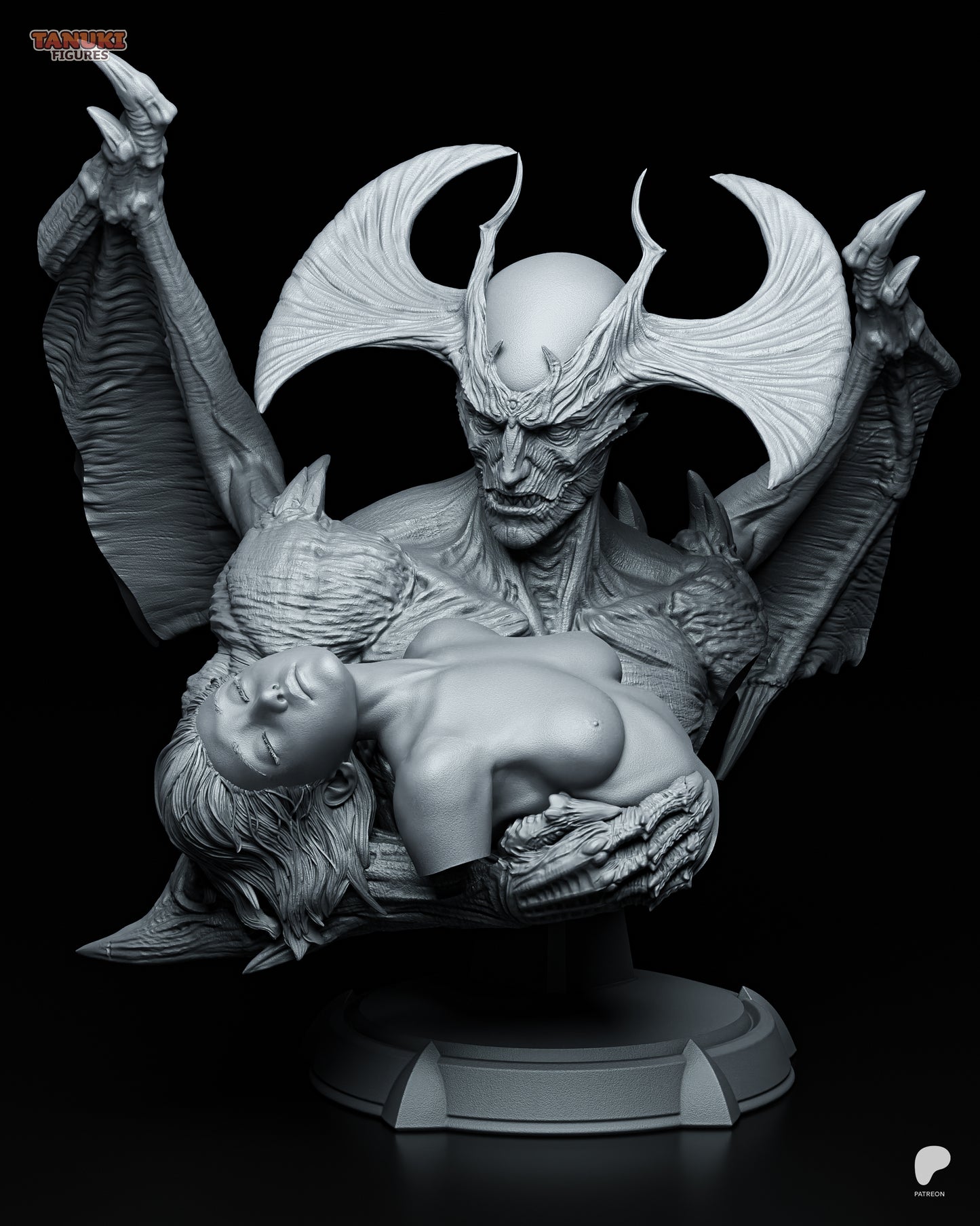 Devilman bust collectible showing demonic head with curled horns cradling a lifeless woman in his arms, inspired by Devilman Crybaby.
