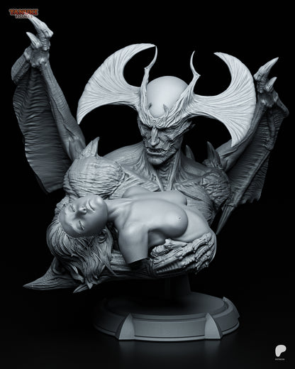Devilman bust collectible showing demonic head with curled horns cradling a lifeless woman in his arms, inspired by Devilman Crybaby.