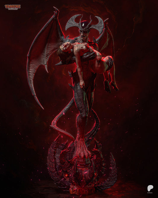 Devilman 1:6 scale collectible figure from Devilman Crybaby, depicted holding a fallen woman with wings unfurled and standing on a horned demonic base.