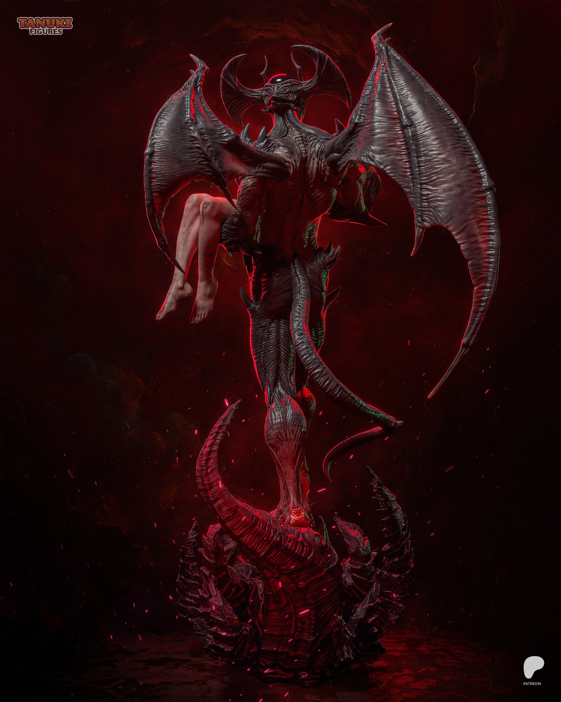 Devilman collectible figure rear angle showcasing bat-like wings, tail, and detailed sculpt of muscular demonic anatomy.