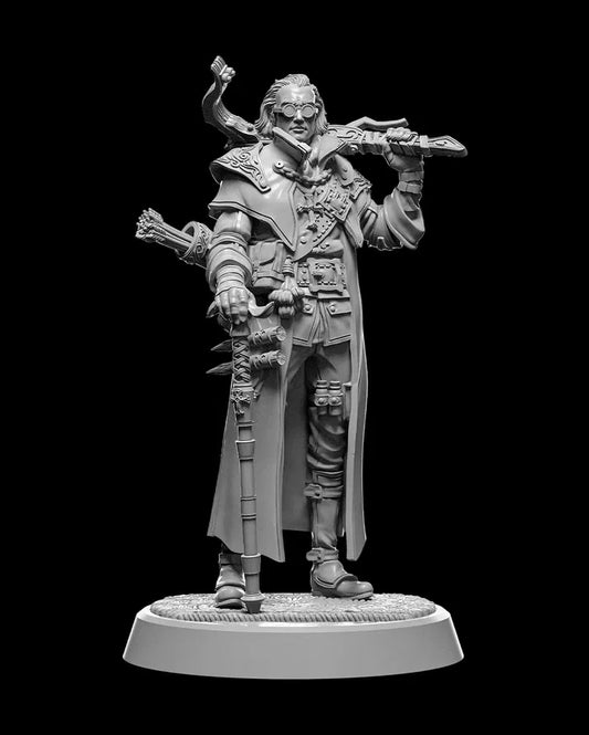 Diecarn, a Van Helsing-inspired miniature with a crossbow and long coat, standing ready for battle.