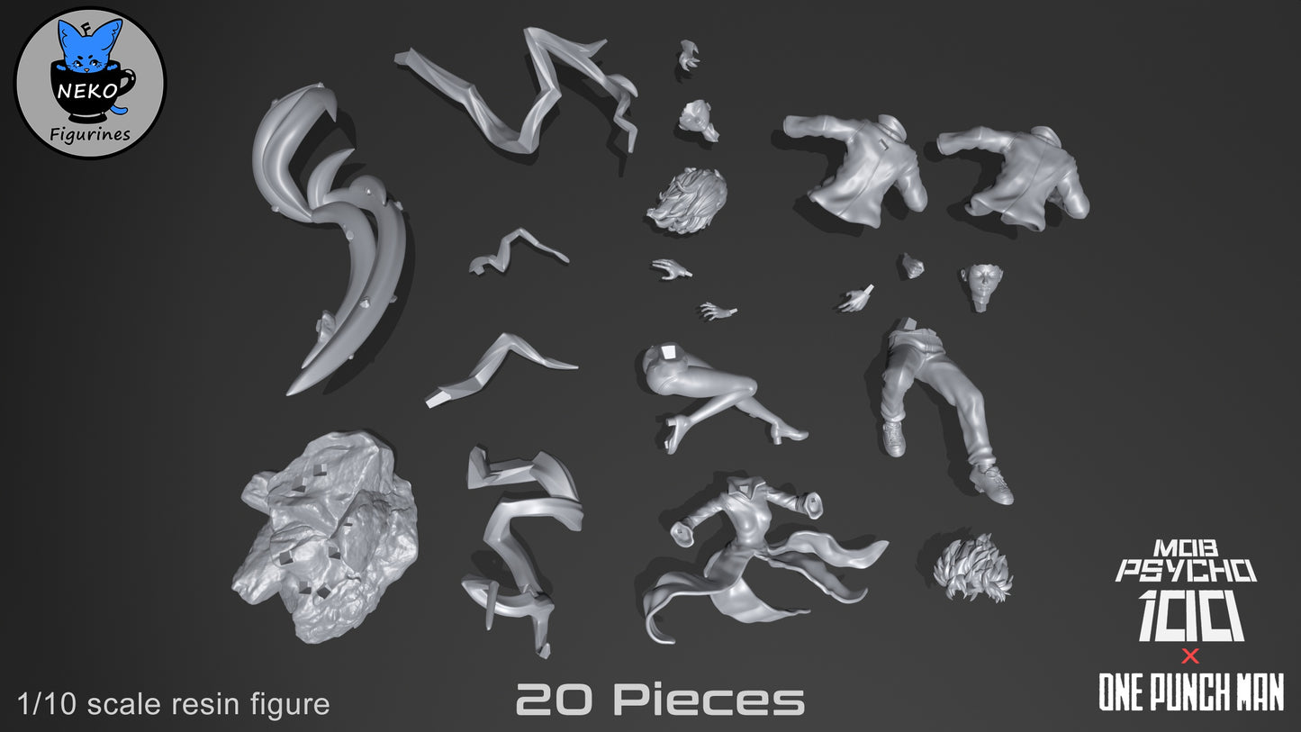 All 20 parts of the Tatsumaki vs Mob resin kit—because assembling unstable espers sounds fun