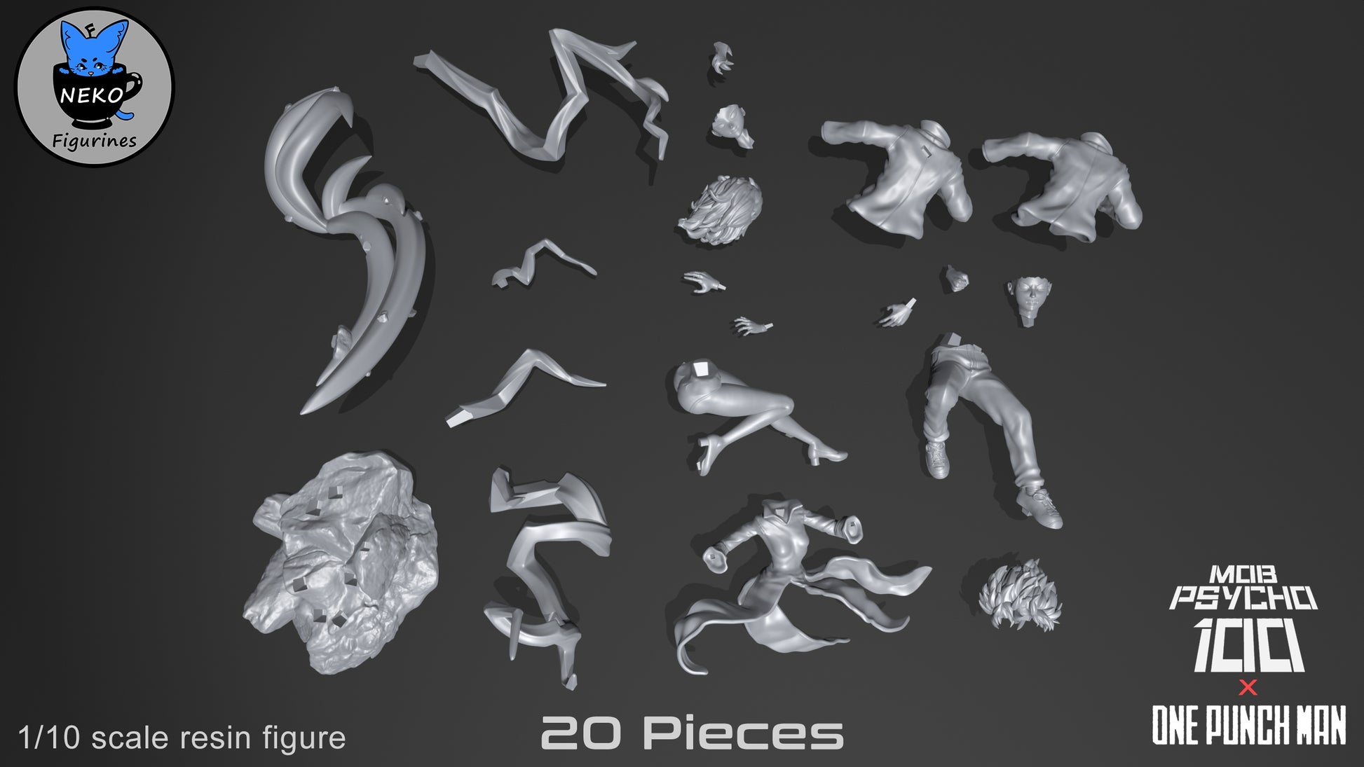 All 20 parts of the Tatsumaki vs Mob resin kit—because assembling unstable espers sounds fun