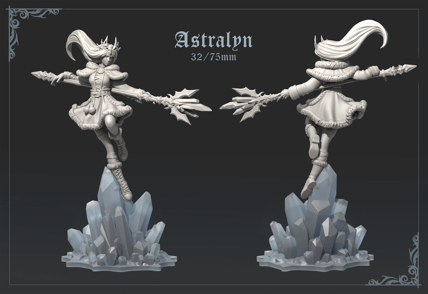Front and rear view of Astralyn miniature posed mid-leap above crystal terrain, wearing a fur-lined outfit and crown while wielding two frost-tipped staves.