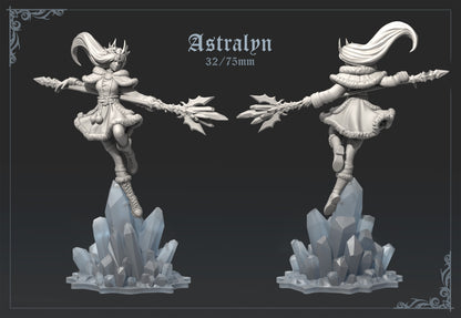 Front and rear view of Astralyn miniature posed mid-leap above crystal terrain, wearing a fur-lined outfit and crown while wielding two frost-tipped staves.