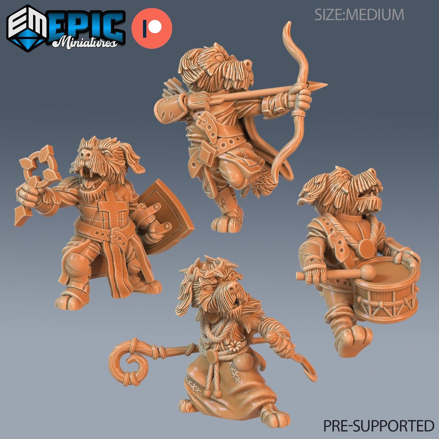 A set of four Dog Folk Tribe members showing diverse roles: an archer, a cleric with a shield and a symbol of faith, a shaman with a carved staff, and a bard drumming a beat. These characters fit seamlessly into any adventurous fantasy setting such as Pathfinder or Warhammer Fantasy.