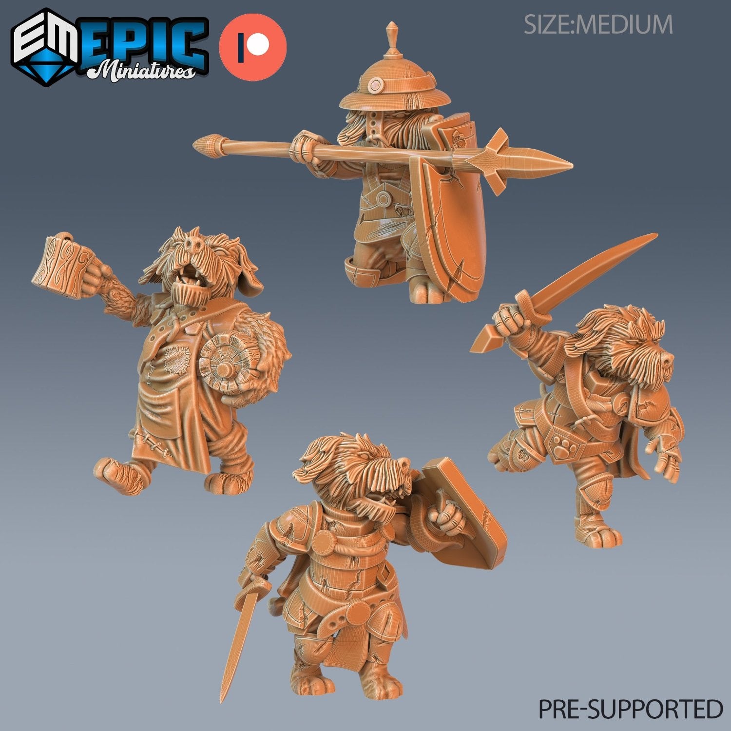 This set displays different Dog Folk tribe members: an innkeeper, a knight, a spear-wielding guard, and a warrior with sword raised high. Their detailed sculpts add a distinctive touch, ideal for any fantasy TTRPG like Dungeons & Dragons or Mork Borg.