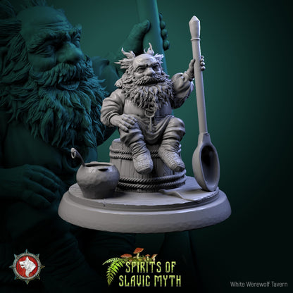 Domovoi seated miniature holding a ladle beside a pot, based on Slavic folklore household spirit – Dungeons & Dragons, Pathfinder, TTRPG.