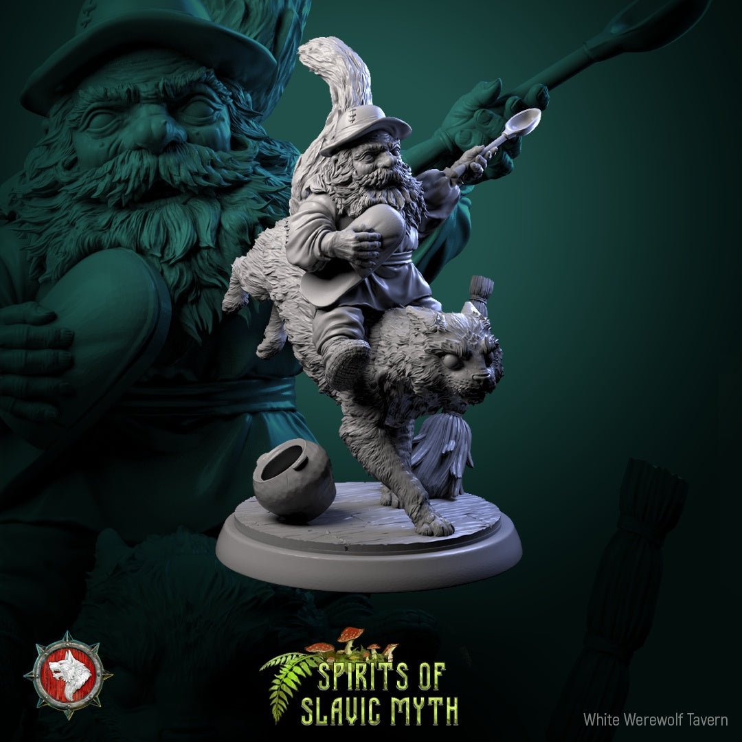 Domovoi riding a cat miniature with a spoon and hat, inspired by Slavic myth – D&D, Pathfinder, folklore spirit model.