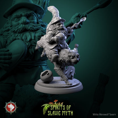 Domovoi riding a cat miniature with a spoon and hat, inspired by Slavic myth – D&D, Pathfinder, folklore spirit model.