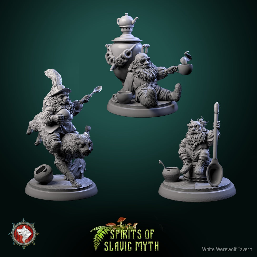 Group image of the Domovoi miniatures showing all three poses – seated, riding a cat, and beside a samovar – for D&D and Pathfinder TTRPG settings.
