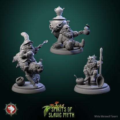 Group image of the Domovoi miniatures showing all three poses – seated, riding a cat, and beside a samovar – for D&D and Pathfinder TTRPG settings.