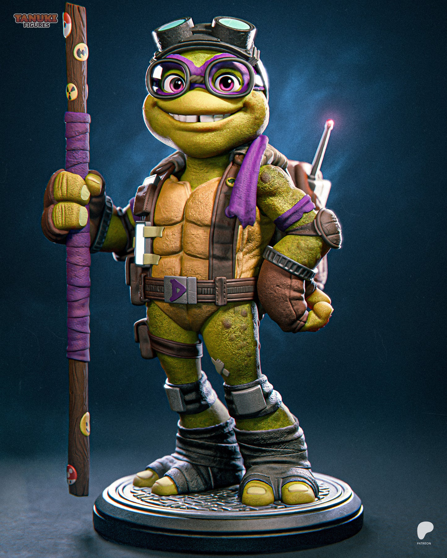 Front view of Toon Donatello Teenage Mutant Ninja Turtles collectible figure holding his bo staff with goggles and backpack – 1:12 scale.