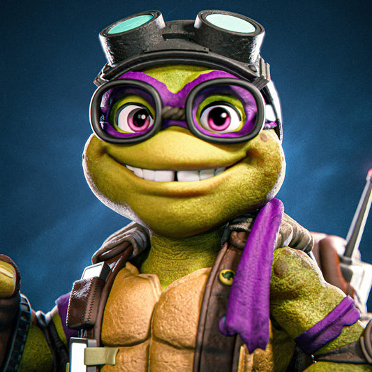 Close-up of Toon Donatello Teenage Mutant Ninja Turtles collectible figure’s face with goggles and purple mask – 1:12 scale.