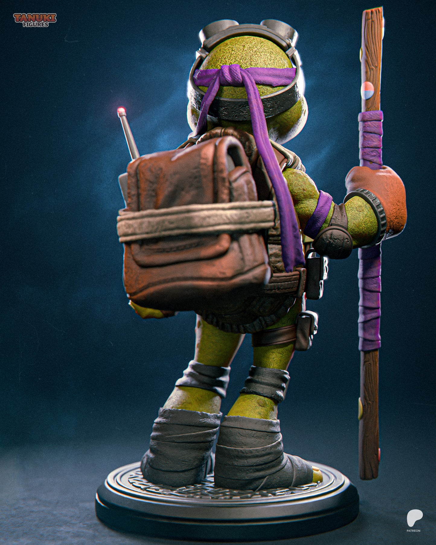 Rear view of Toon Donatello Teenage Mutant Ninja Turtles collectible figure showcasing shell, backpack, and bandaged details – 1:12 scale.