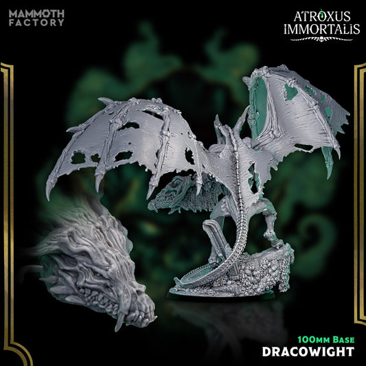 Rear view of Dracowight miniature displaying damaged wings, bony spine, long tail, and detailed base with scattered bones, includes a spectral dragon head on the side.