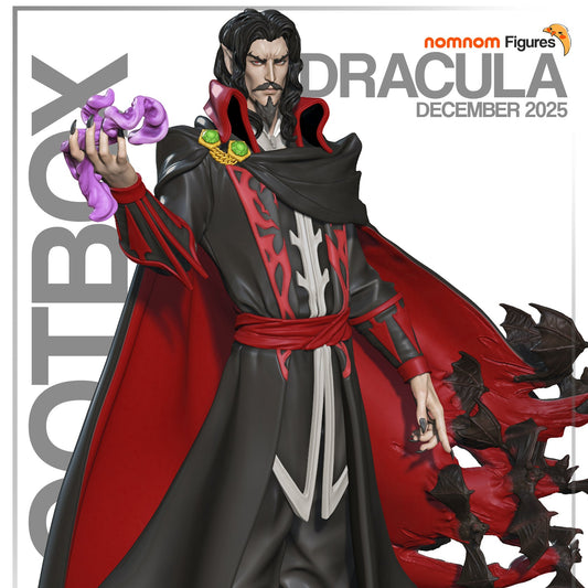 Dracula vampire lord collectible figure detailed portrait with flowing cloak and bat magic effect, gothic horror display statue