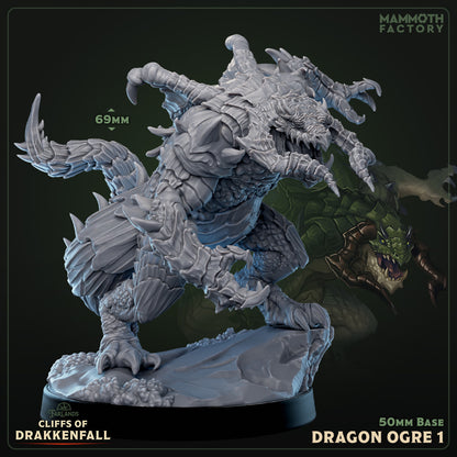 Dragon Ogre miniature for Dungeons & Dragons and Pathfinder, 69mm tall on 50mm base, reptilian creature with spiked armor plates, clawed hands, whipping tail, roaring head, fantasy TTRPG boss monster figure