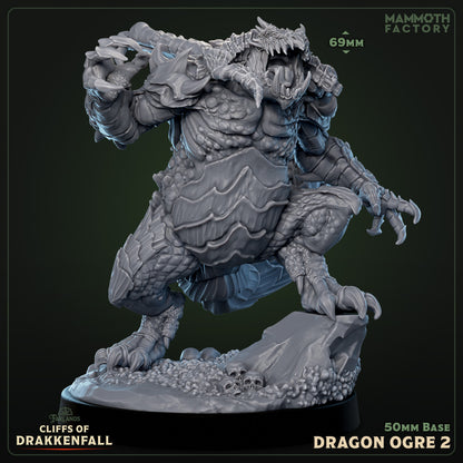 Dragon Ogre miniature for DnD and Pathfinder, 69mm tall on 50mm base, reptilian beast crouched with massive claws, armored scales, snarling head, standing over skulls, fantasy TTRPG dragon monster