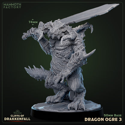 Dragon Ogre miniature for Dungeons & Dragons and Pathfinder, 74mm tall on 50mm base, reptilian giant wielding massive sword, scaled armor plates, horned head, fantasy TTRPG boss creature figure