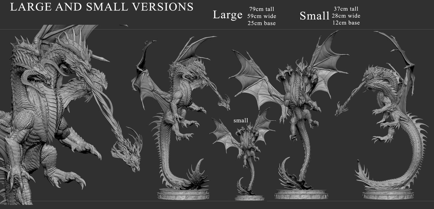 The Dragon Queen miniature scale comparison chart displaying a large and small version, with details of height, wingspan, and base size for tabletop fantasy TTRPG settings.