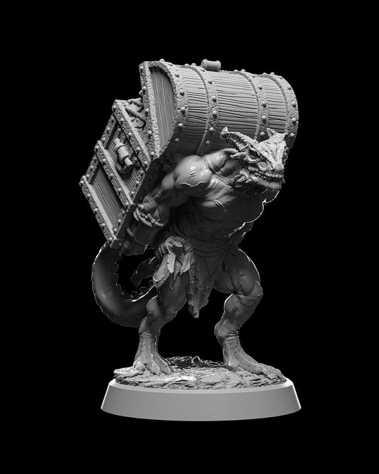 Dragonfolk Carrier unpainted front view, grim expression under the burden of massive chests, muscular figure perfect for NPC, slave, or porter roles in TTRPGs.