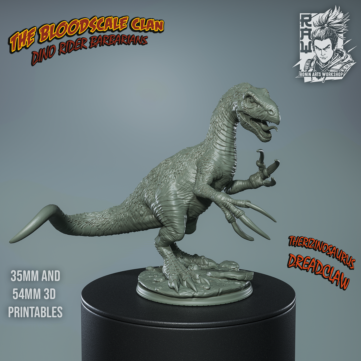 Unpainted render of Dreadclaw Therizinosaurus in a neutral stance, showing scythe-like claws and saddleless dinosaur sculpt.