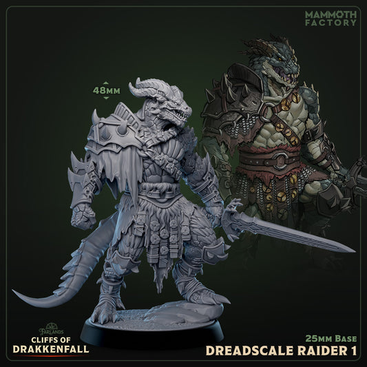 Dreadscale Raider 1 dragonkin miniature for Dungeons & Dragons and Pathfinder, 48mm tall on 25mm base, reptilian warrior with scaled armor, long sword, and horned head, fantasy TTRPG enemy figure