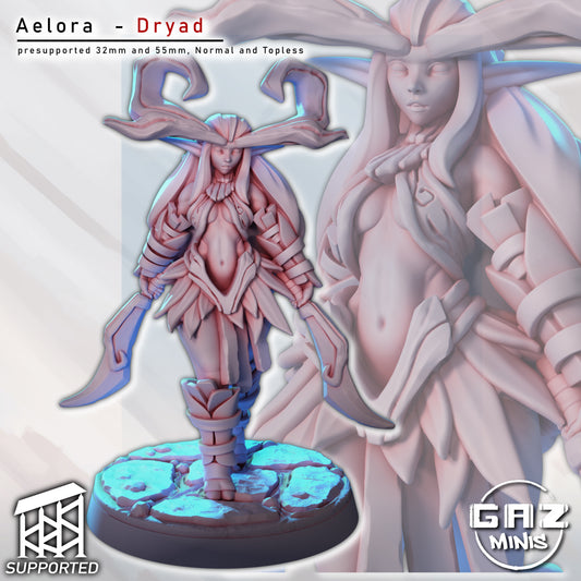 Front view of Aelora Dryad miniature with antlered helm, dual curved blades, and layered leaf armor for use in fantasy TTRPGs.