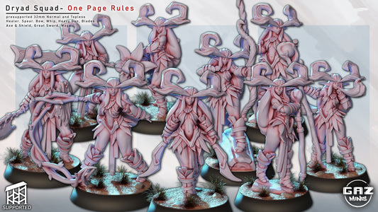 Group image of Dryad Squad miniatures with plant-like female warriors holding various weapons including bows, swords, and staffs, posed on scenic forest bases.