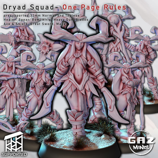 Large group shot of Dryad Squad miniatures, showcasing unique poses with bows, blades, and staves on textured round bases.