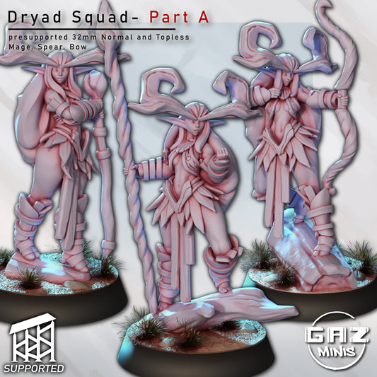 Dryad Squad Part A figurine collage featuring mage, spear warrior, and bow archer with antler crowns