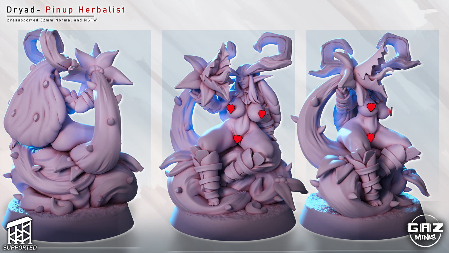 dryad wood nymph druid female nsfw miniature 32mm seated on root base holding carnivorous flower fantasy tabletop resin print