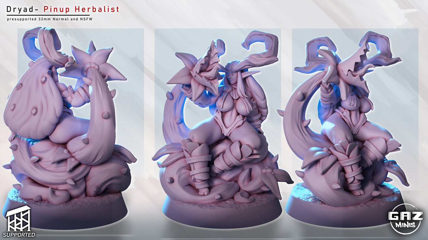 dryad wood nymph druid female miniature multi view seated on tree root base holding large plant blossom tabletop rpg resin model