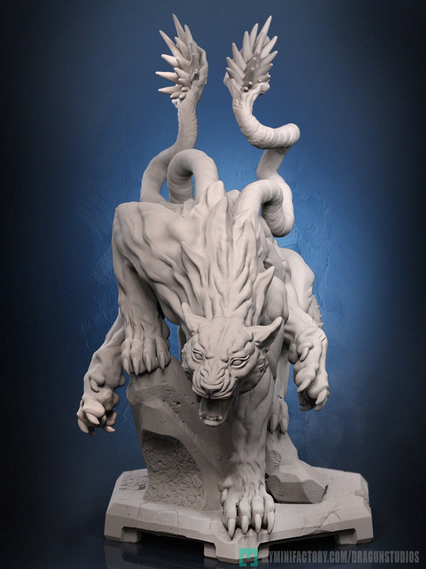 A dynamic displacer beast miniature in a prowling pose, with its tentacle-like appendages extending from its back. The creature has a fierce, snarling expression, emphasizing its role as a deadly predator. It stands on a detailed base of rocks.