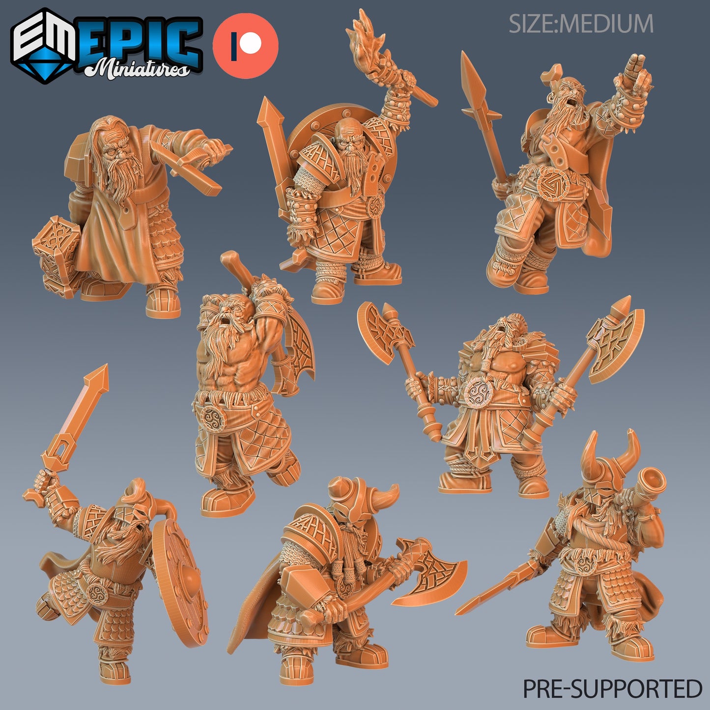 Collage showing all 8 Dwarven Army miniatures in various combat and utility poses, ideal for tabletop RPGs like Dungeons & Dragons or Warhammer Fantasy.