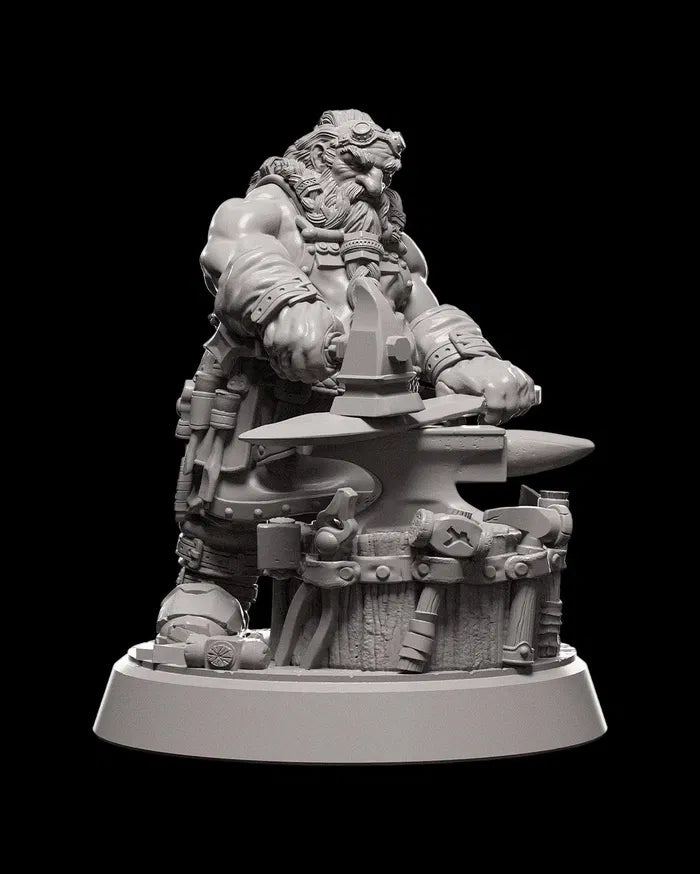 Dwarven Blacksmith miniature standing at an anvil, equipped with crafting tools and heavy armor, ready to forge weapons.