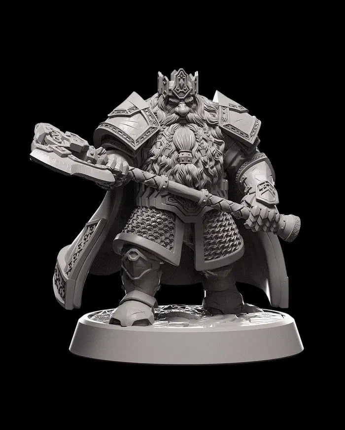 Dwarven King miniature holding a large warhammer, clad in royal armor, with a flowing beard and crown, standing in a regal pose.