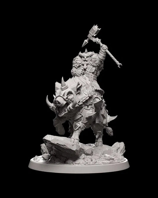 Dwarven Rider atop an armored war boar, holding a raised warhammer, depicted in detailed armor.