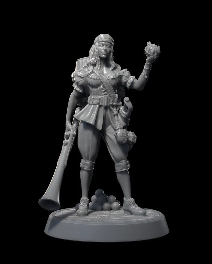 Dyna, a female human swashbuckler, wielding a blunderbuss and a sword, standing in a confident and daring pose.