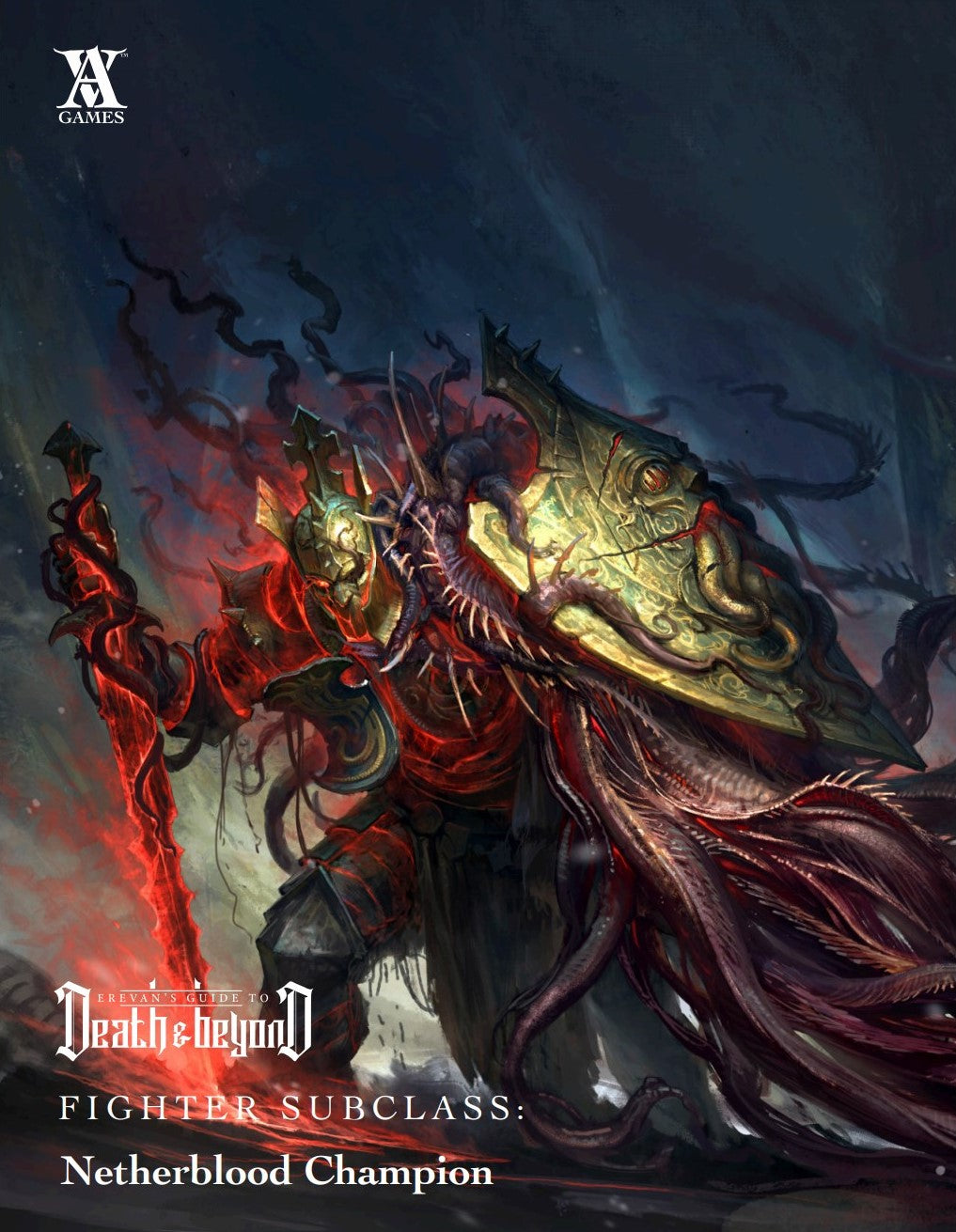 Netherblood Champion artwork showcasing a kraken knight with a glowing blade and intricate armor design.