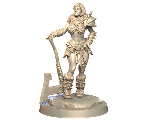 Elyra female human barbarian miniature standing with large axe, clad in spiked armor and fur.