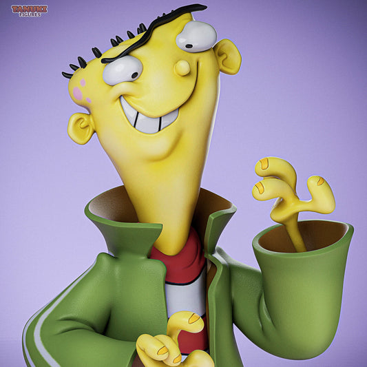 Close-up of Ed Ed, Edd n Eddy collectible figure with green coat and cartoonish expression – 1:12 scale