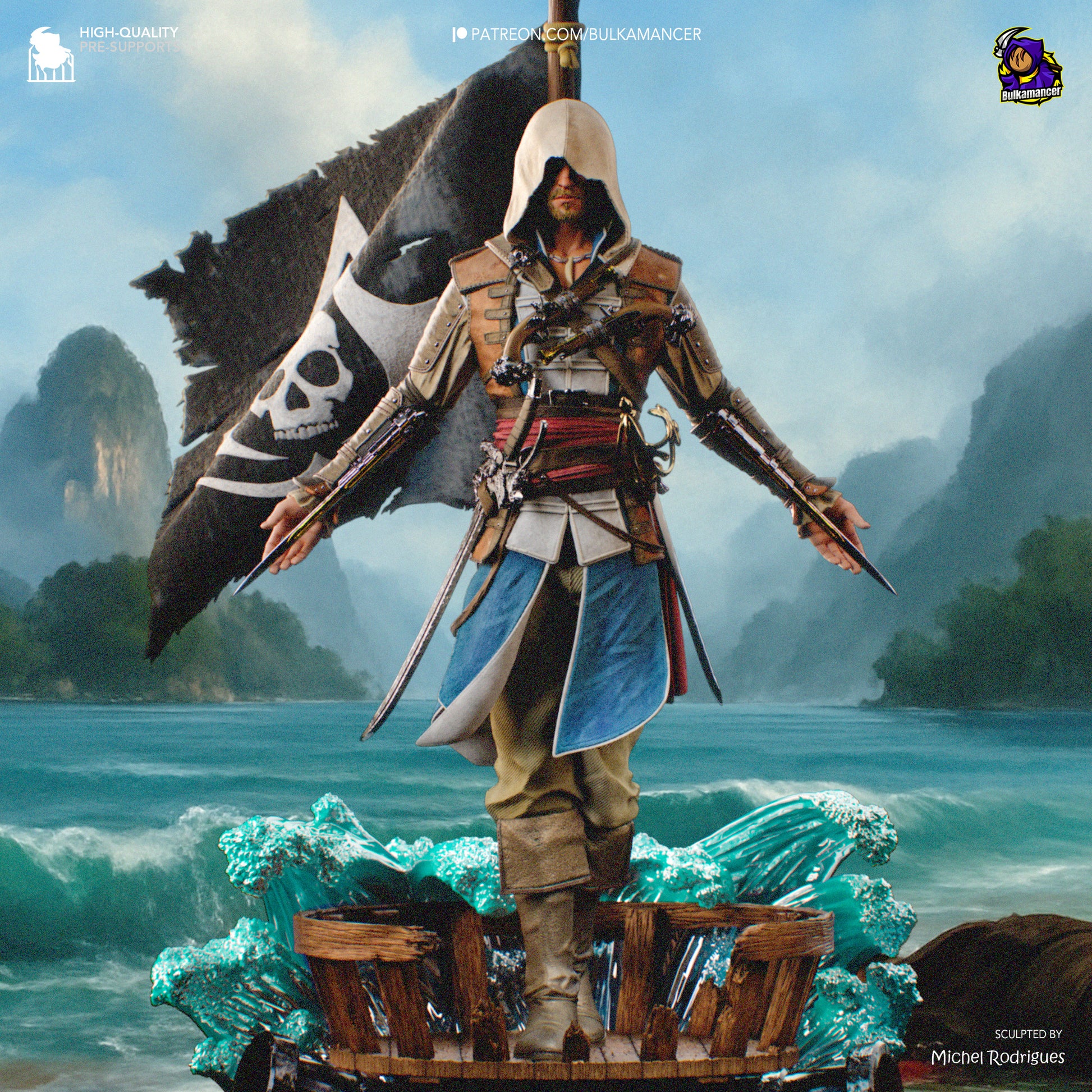 Full figure of Edward Kenway from Assassin’s Creed IV, arms lowered with both hidden blades extended, cloak flowing behind.